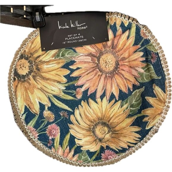 Nicole Miller Washed Autumn Hue Floral Rope Border Detail Placemats- Set of 4 - Picture 2 of 2